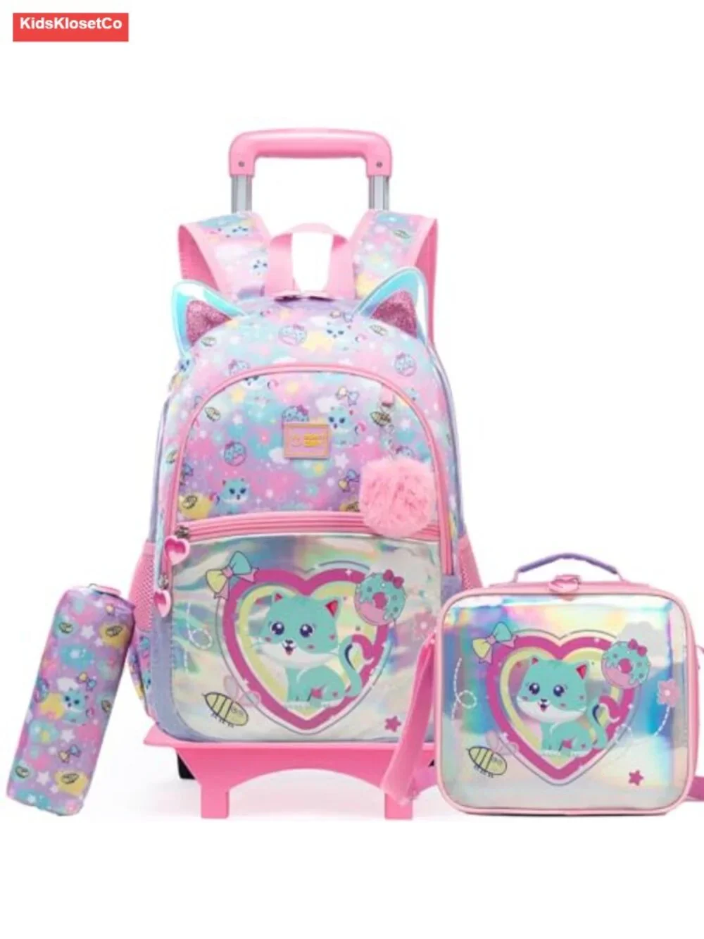 Kids Rolling Backpack with Lunch Box, Wheeled Backpack for School, Polyester